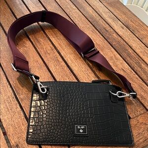 SJP Black Croc-Embossed Leather Crossbody with Burgundy Strap like new RFID